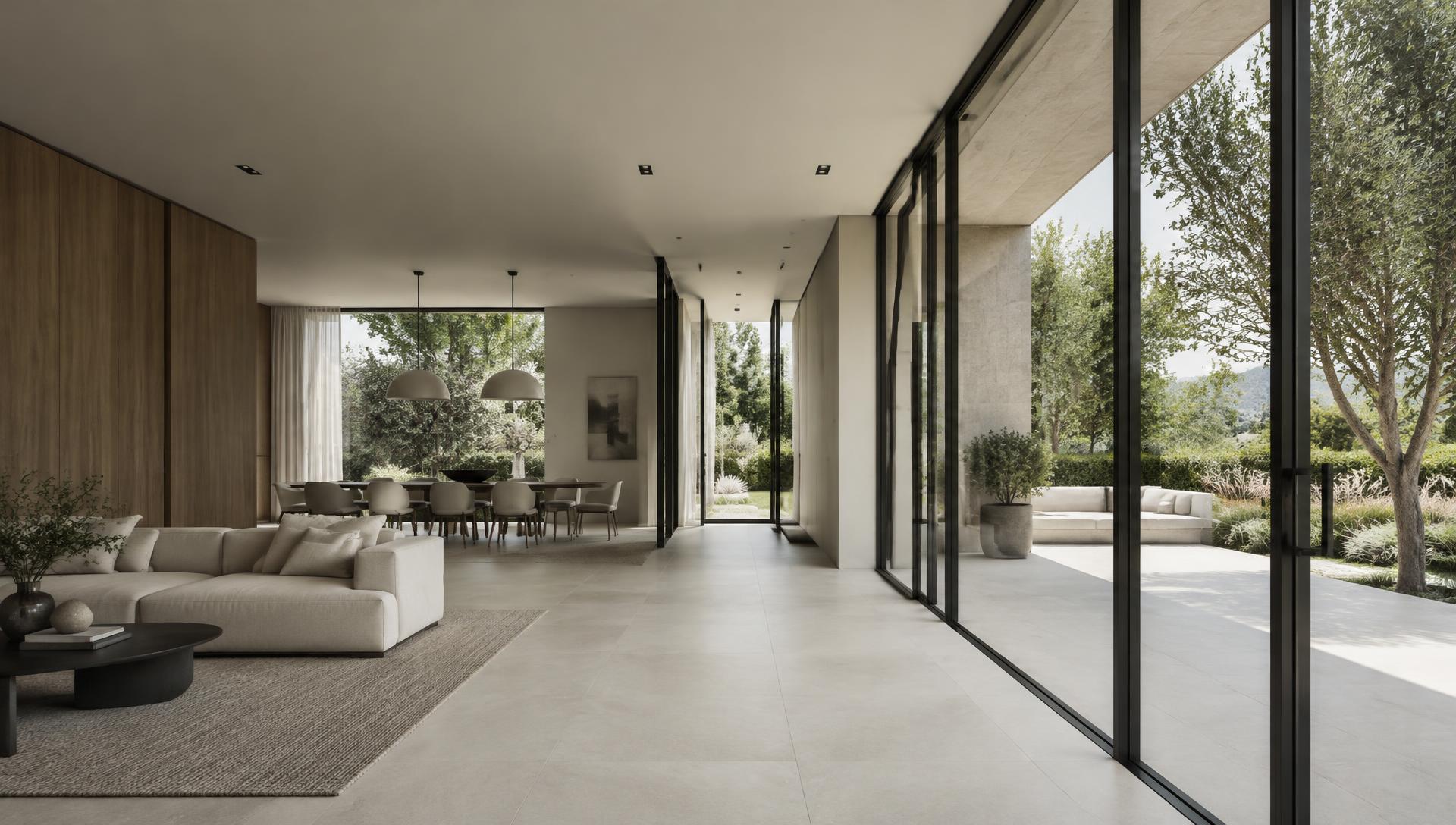 Modern interior with floor-to-ceiling glass and slim aluminium frames